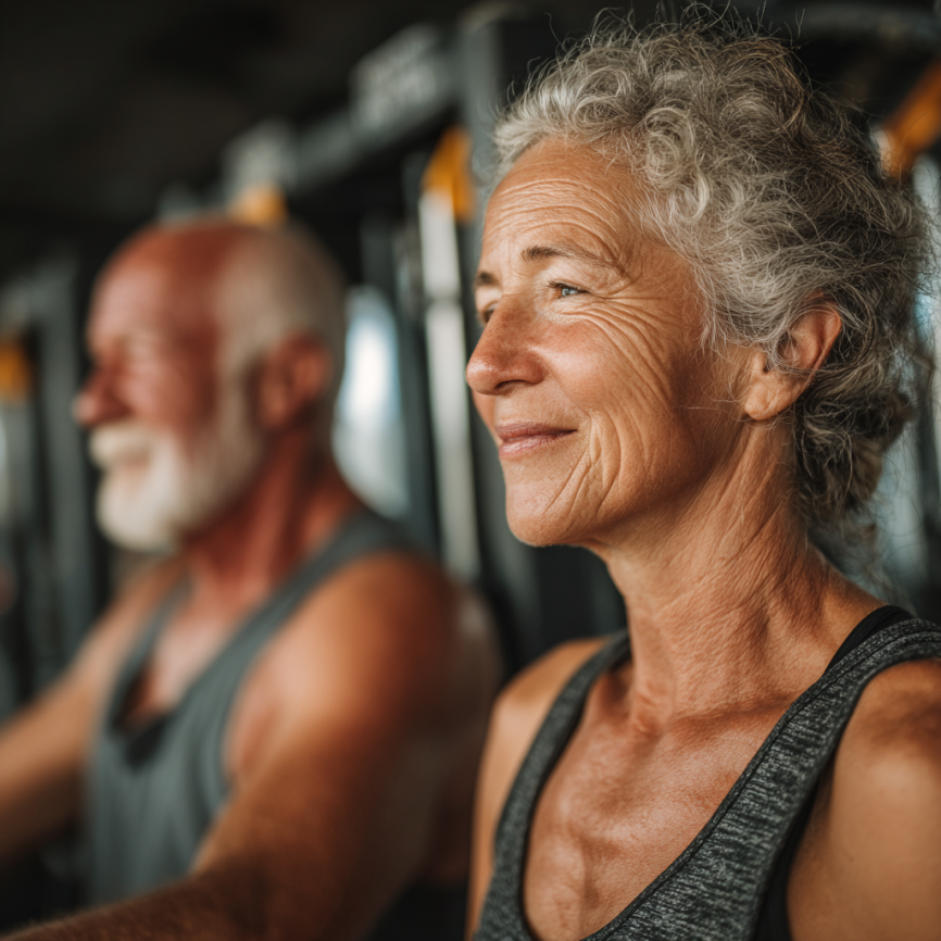 Grupo diverso de adultos mayores celebrando logros fitness en ambiente positivo